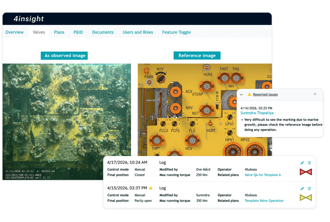 ValveTrack subsea valve management system showing as-observed and reference image comparison with valve operation logs