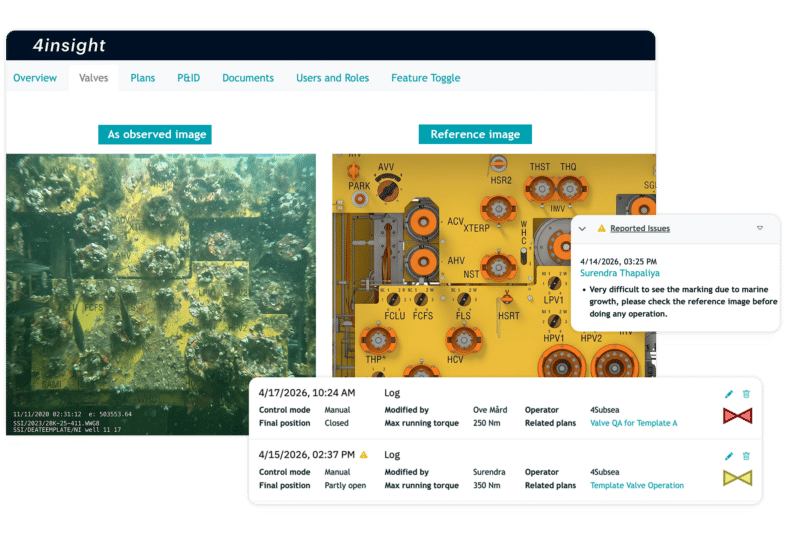 ValveTrack subsea valve management system showing as-observed and reference image comparison with valve operation logs